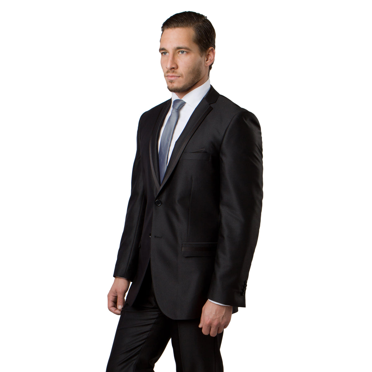 Black / Black Solid Tone on Tone Satin 2-PC Slim Fit Stretch Suits