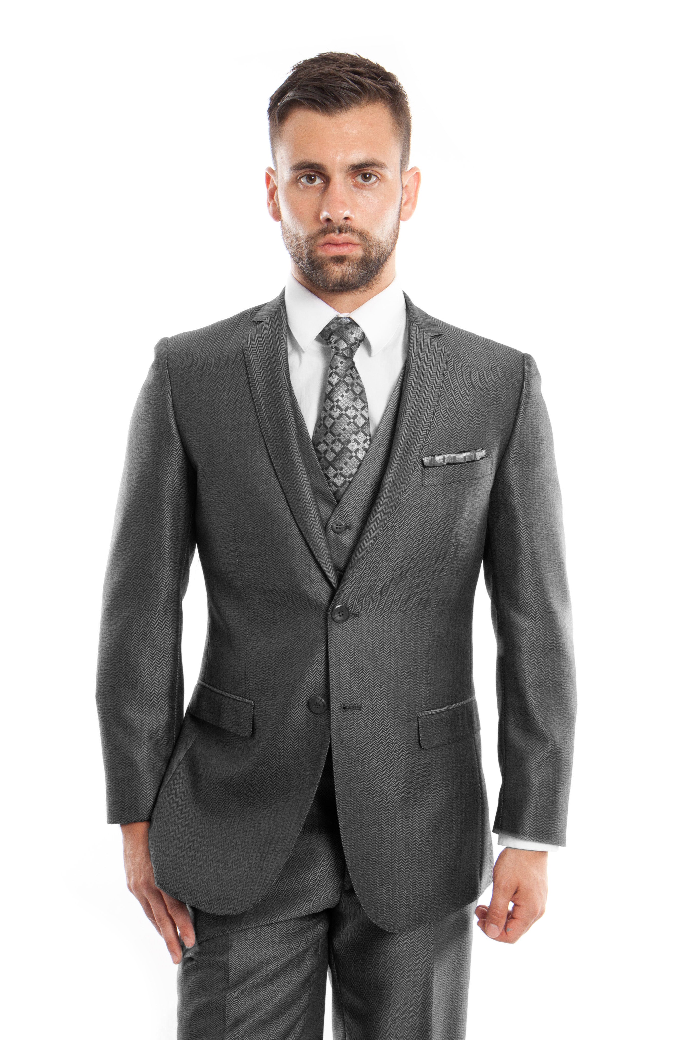 D. Gray Textured Pattern 3-PC Slim Fit Performance Stretch Suits For Men