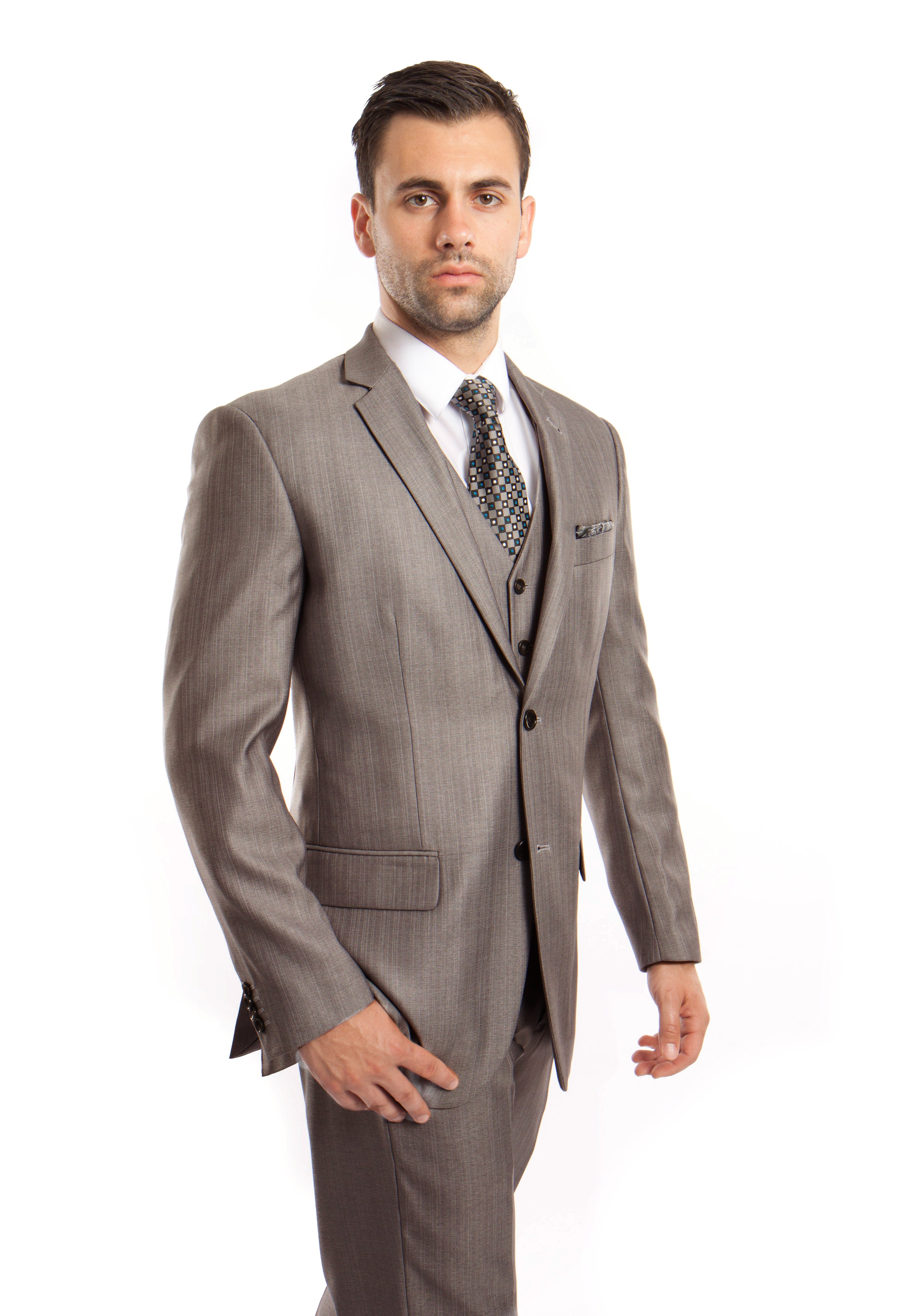 Gray Solid Shiny Sharkskin 3-PC Regular Modern Fit Suits For Men