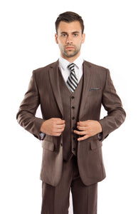 Brown Solid Shiny Sharkskin 3-PC Regular Modern Fit Suits For Men