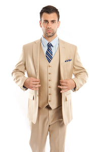 Lt. Beige Solid Shiny Sharkskin 3-PC Regular Modern Fit Suits For Men