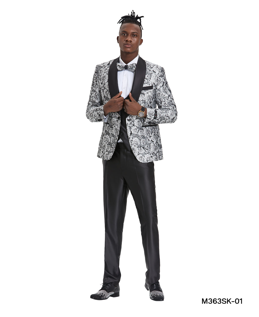 Silver / Black Shawl Collar Paisley Mens-suit